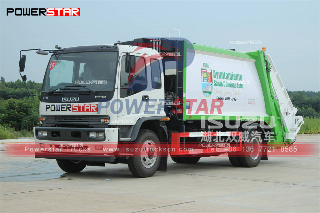 Exportation de camions compacteurs de déchets ISUZU FTR 16cbm vers l'Amérique du Sud