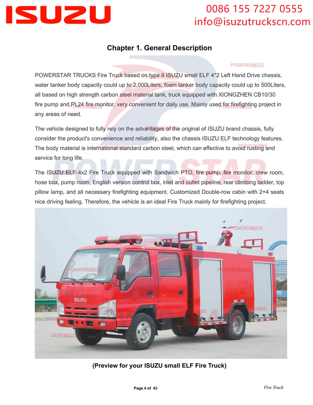 POWERSTAR ISUZU 100P Camion de pompier eau et mousse export Albanie