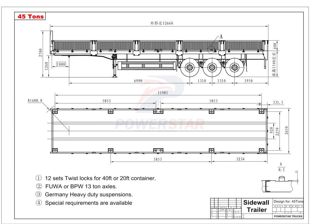 technical drawing for China low price 40 Ton Flatbed Trailer With Side Board Wall Cargo Semi Trailer For Sale