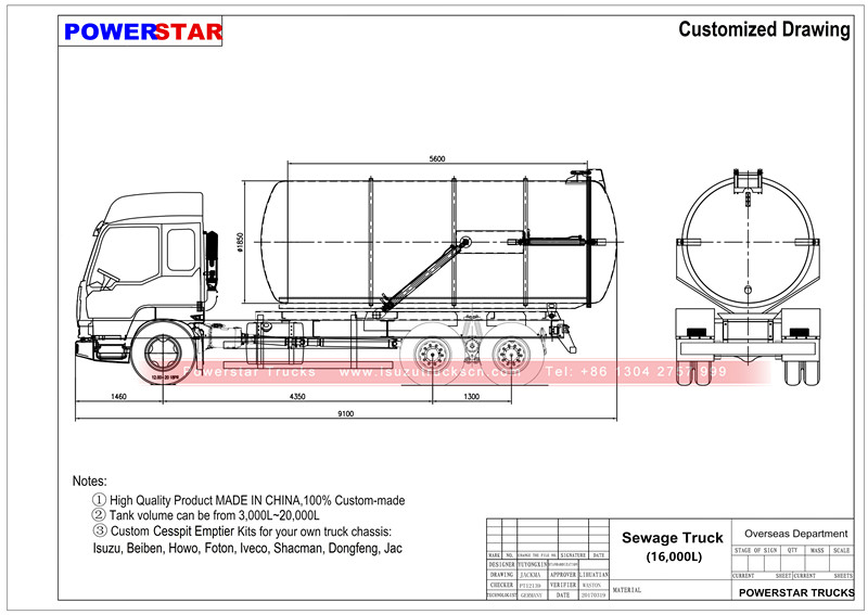 technical drawing for Septic tank truck isuzu sewage suction trucks
