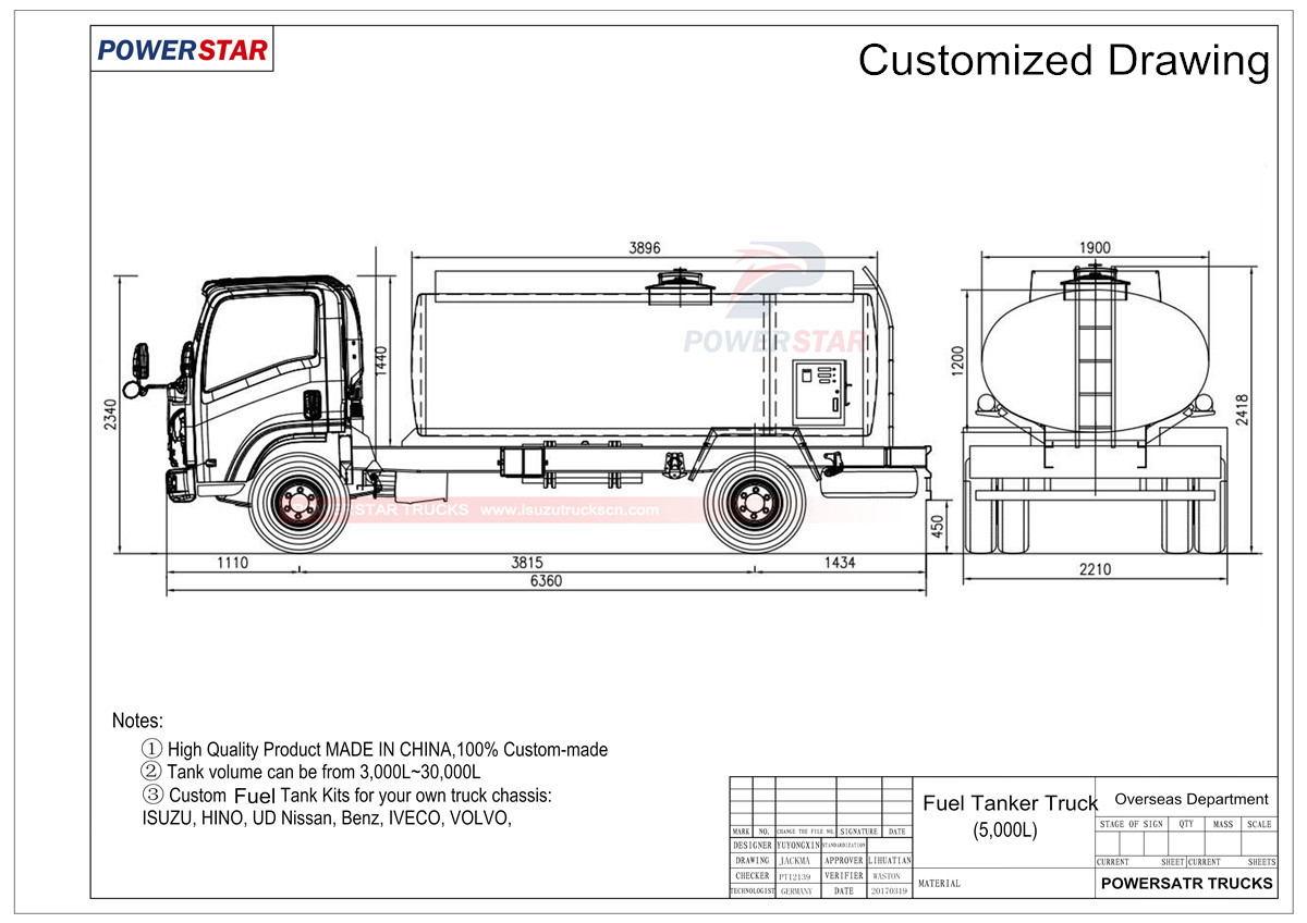 Technical drawing for Isuzu Mobile Refueling Tank Truck 3,000LFuel Tanker Isuzu Oil Delivery Truck 4,000L