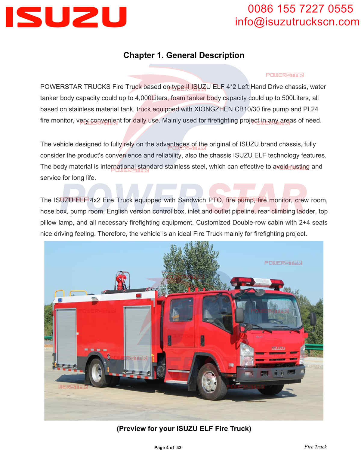 POWERSTAR ISUZU NPR Camion de pompiers eau et mousse export Dubaï
