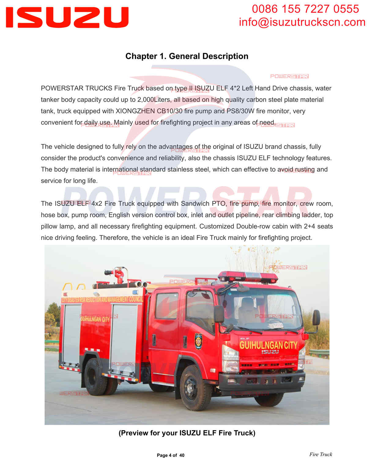 Exportation de camions de pompiers à eau POWERSTAR ISUZU NQR vers les Philippines Davao