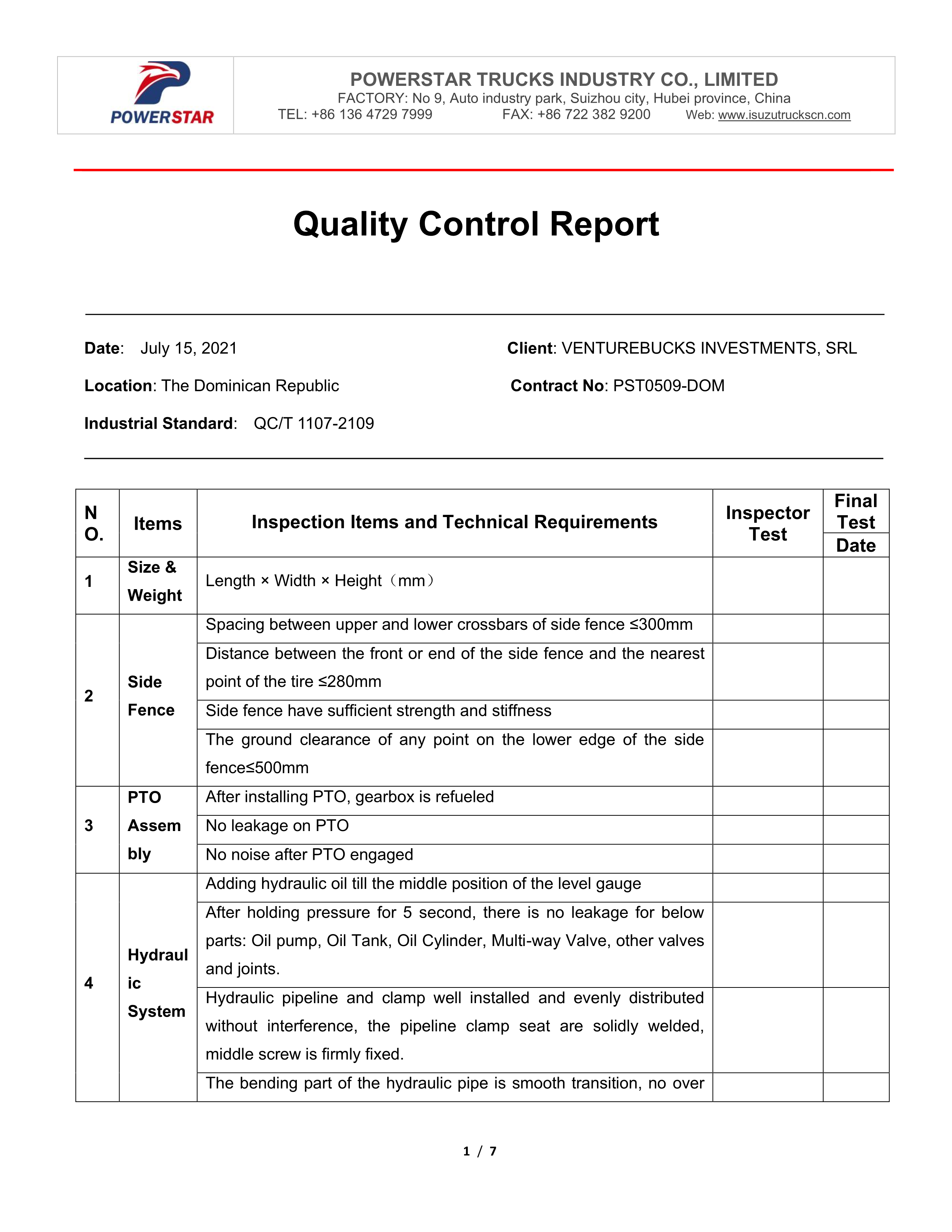 Liste de contrôle des tests en usine du camion compacteur d'ordures Isuzu