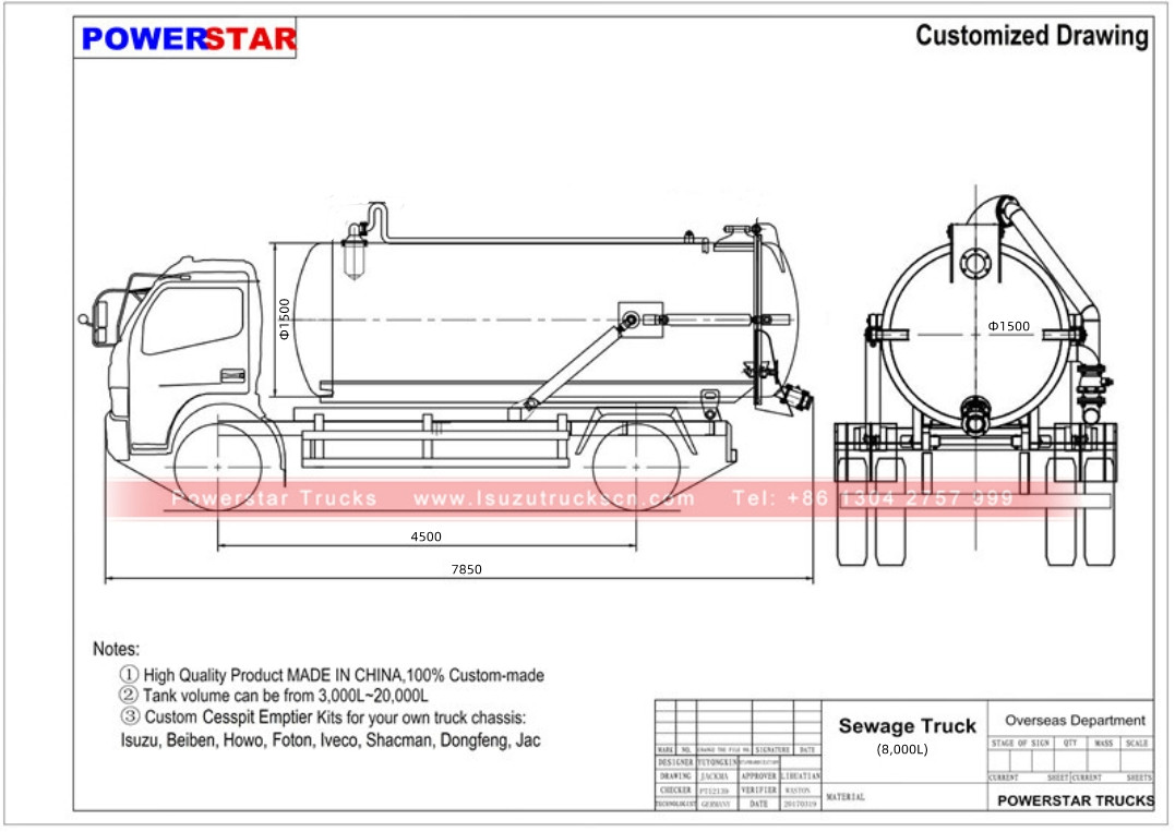 Dessin technique du camion suceur de ravin Isuzu 700P