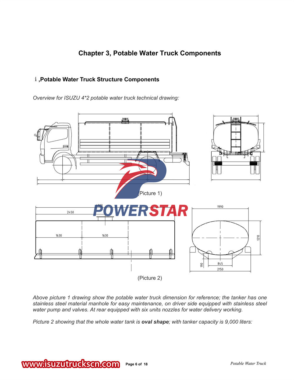 Manuel du camion d'eau potable Isuzu 700P 9000L