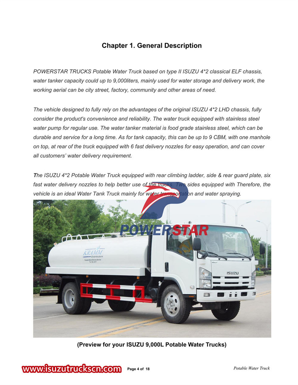 Manuel du camion d'eau potable Isuzu 700P 9000L