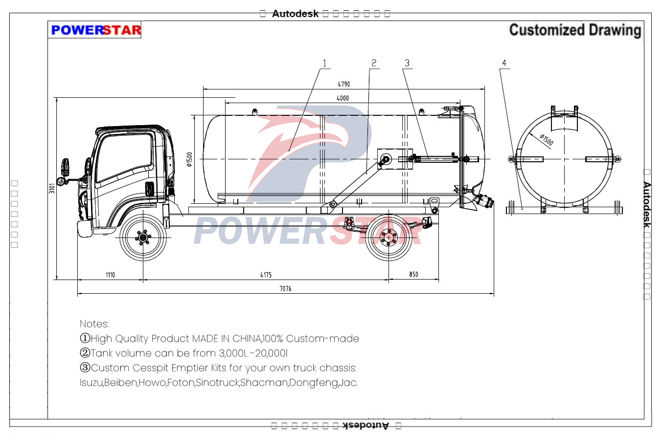 Dessin technique du camion-citerne septique Isuzu avec pompe MORO PM70A