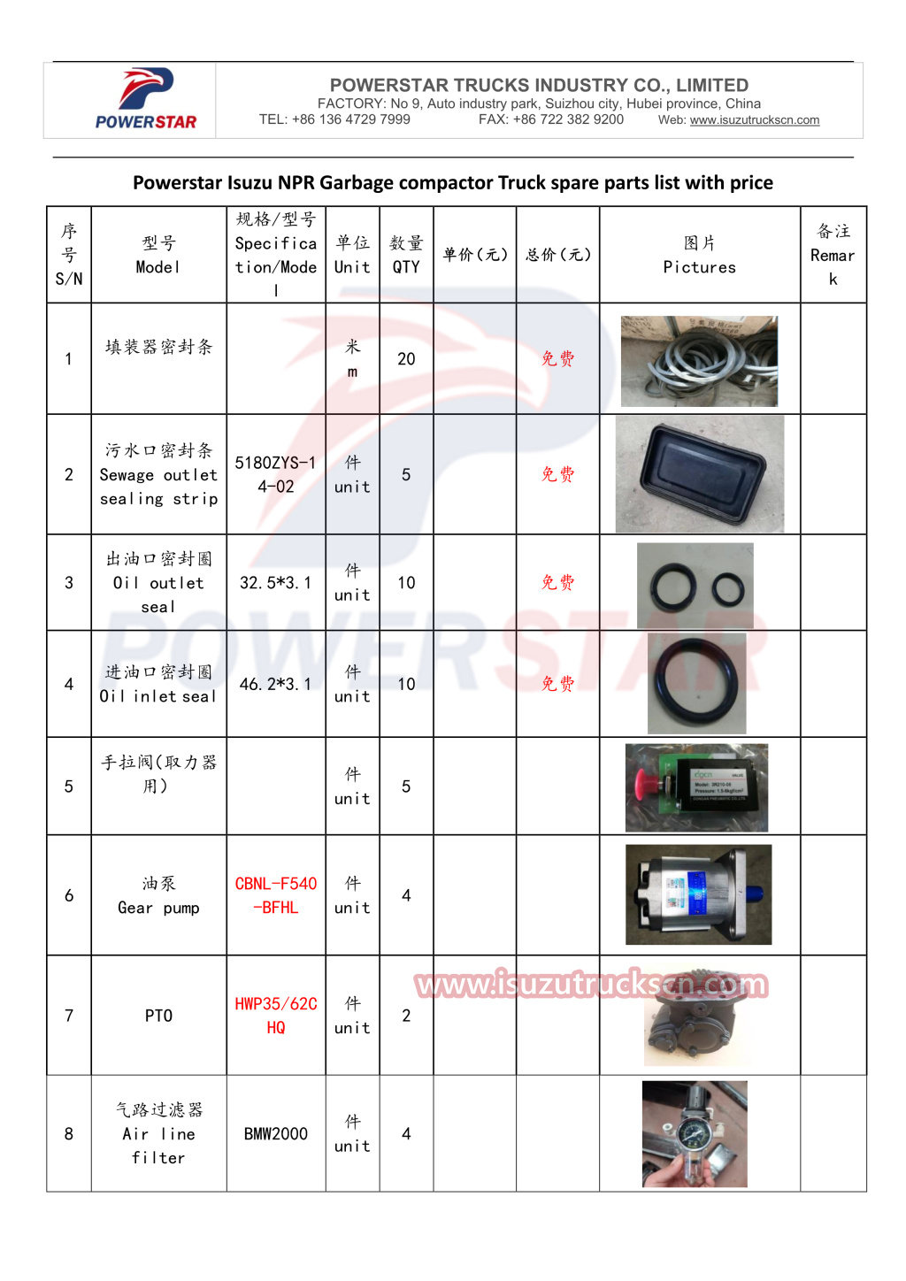 liste des pièces de rechange pour camion compacteur à ordures Isuzu